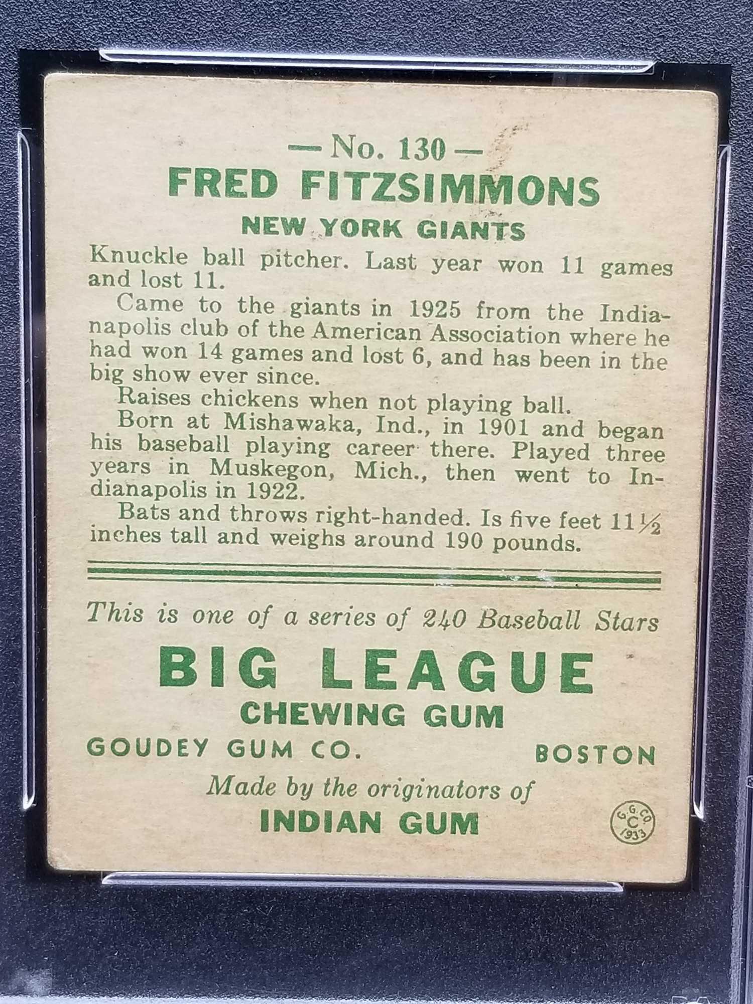 1933 Goudey Red PSA #130 Fred Fitzsimmons VG-EX4