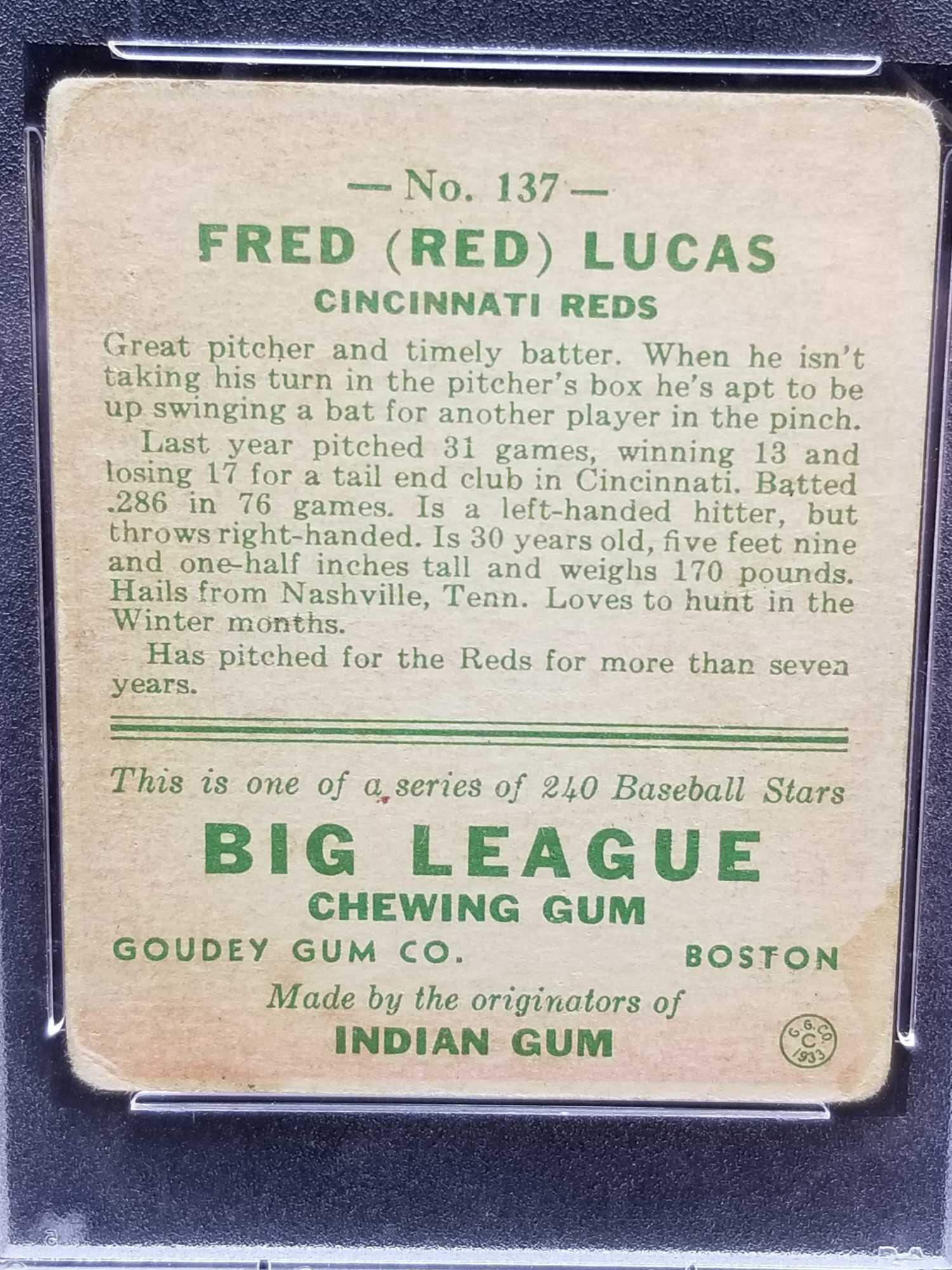 1933 Goudey Red PSA #137 Red Lucas VG3