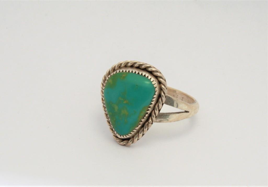 Antique Native American Sterling Silver Ring Size 8 w/ Blue Green Lapis Very Old 5.3g