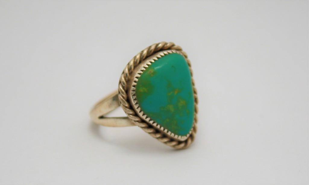 Antique Native American Sterling Silver Ring Size 8 w/ Blue Green Lapis Very Old 5.3g