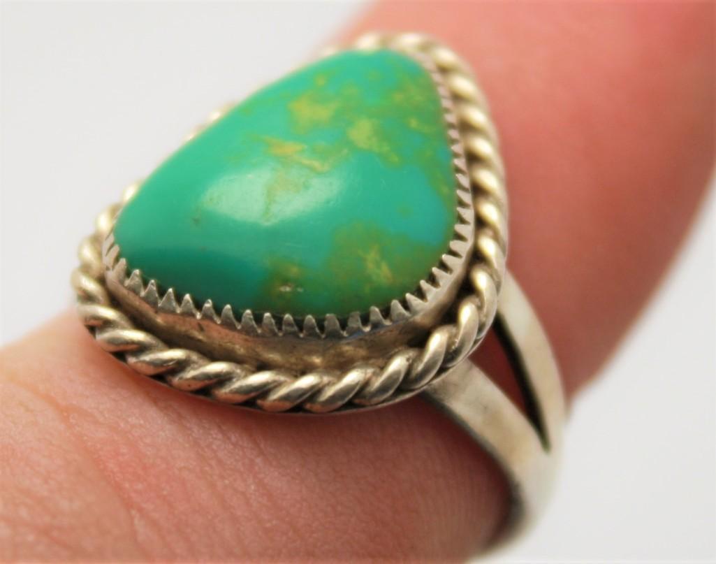 Antique Native American Sterling Silver Ring Size 8 w/ Blue Green Lapis Very Old 5.3g