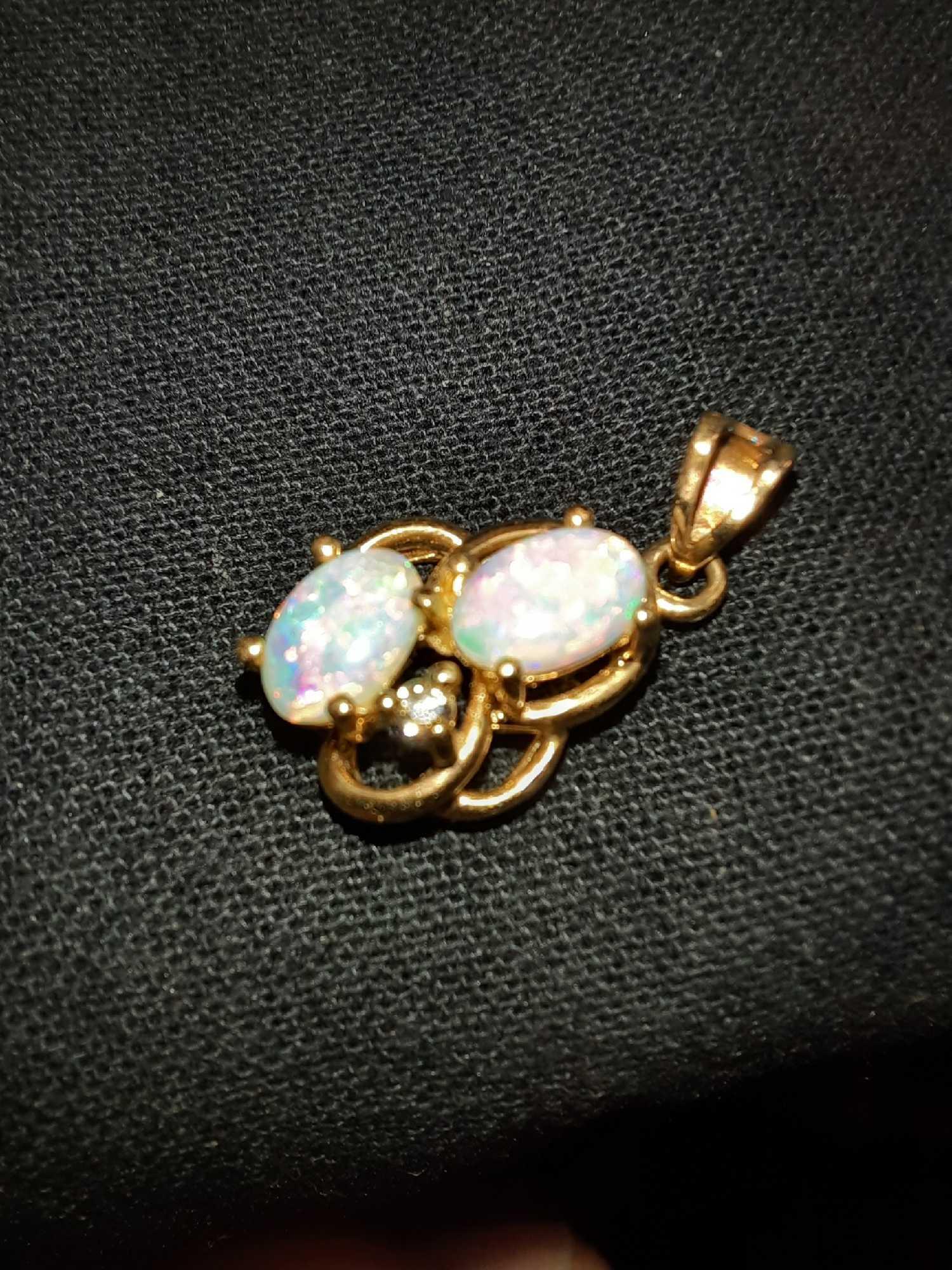 14K Pure Gold Australian Rainbow Opal & Diamond Pendant Gorgeous 3 Gem Stones