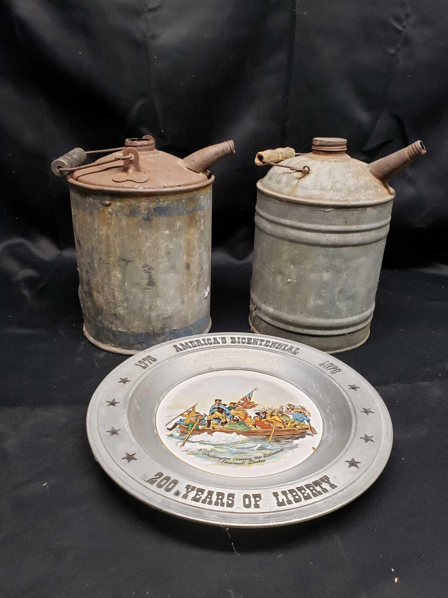 Vintage metal Platters and Bowls. Gas cans.