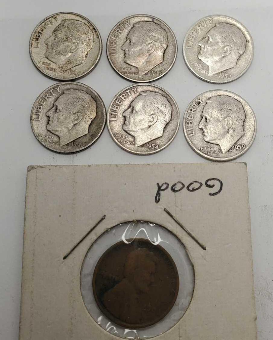 6 Silver dimes & 1909 wheat penny