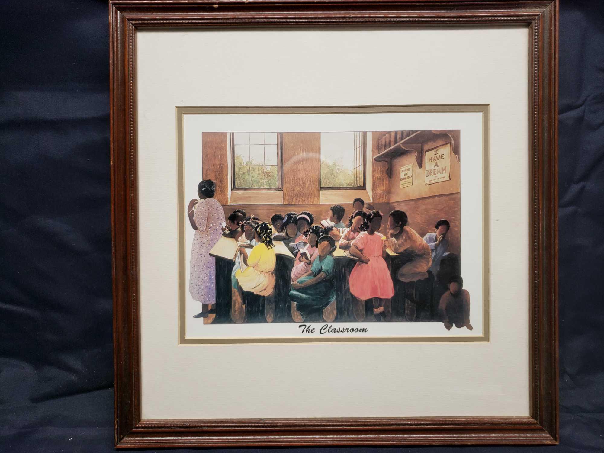Kids at play framed pic. Small poster.The Classroom pic. And painting of boy.