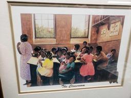 Kids at play framed pic. Small poster.The Classroom pic. And painting of boy.