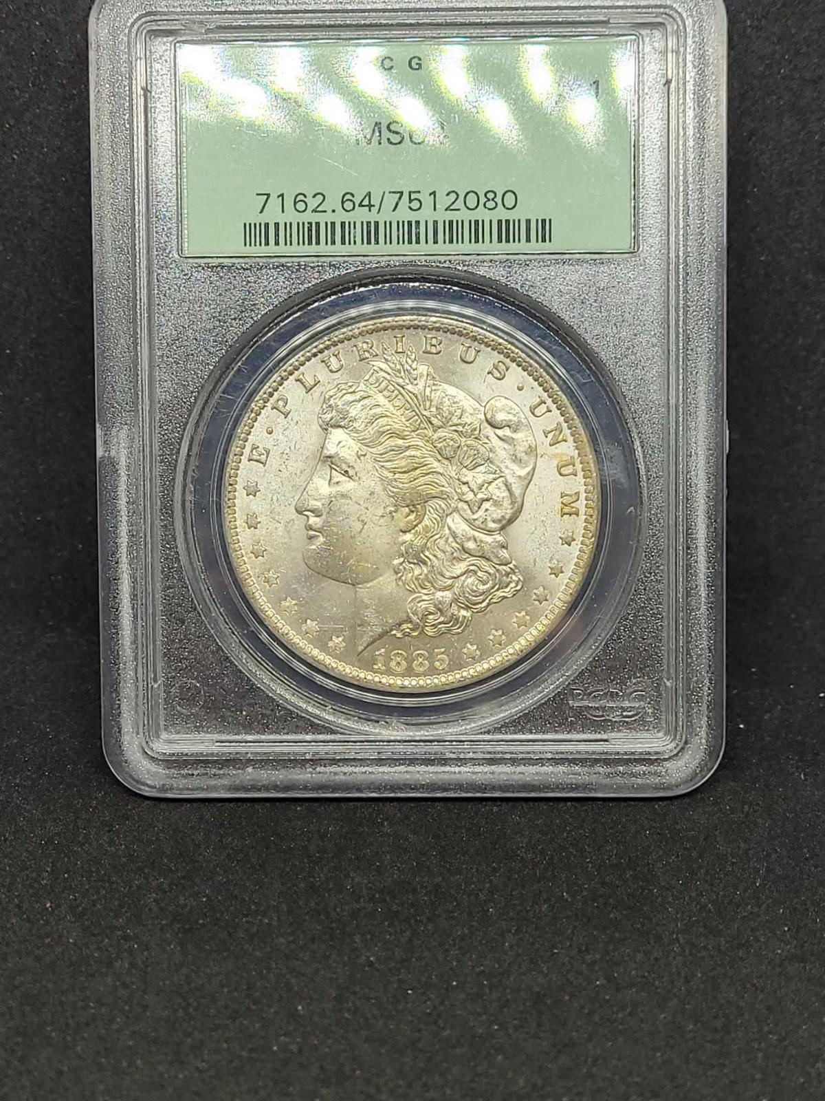 1885-O Morgan silver dollar MS64 PCGS slabed coin