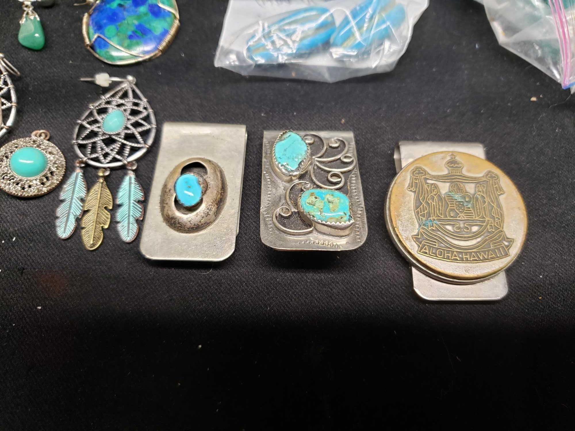 Turquoise Money clips. Madiera Natural stones. Beads. earrings and Amulet