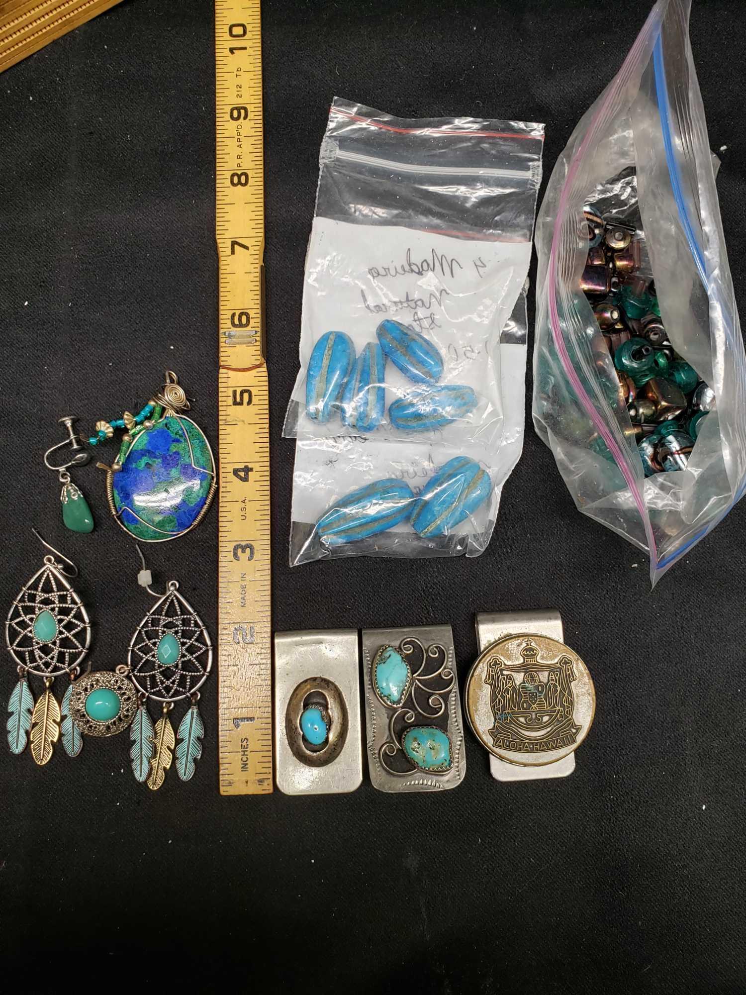 Turquoise Money clips. Madiera Natural stones. Beads. earrings and Amulet