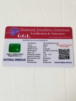 8.87 Ct Natural Green Emerald Cut Emerald GGL Cert