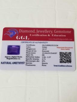 10.17 Ct Natural Violet Emerald Cut Amethyst GGL Cert