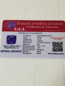 11.42 Ct Natural Violet Cushion Cut Amethyst GGL Cert