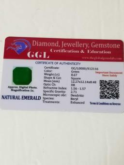 8.67 Ct Natural Green Square Cut Emerald GGL Cert