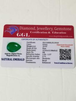 10.97 Ct Natural Green Pear Cut Emerald GGL Cert