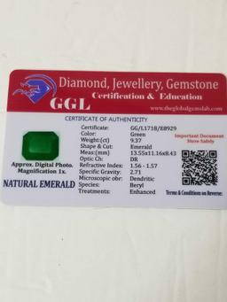 9.37 Ct Natural Green Emerald Cut Emerald GGL Cert