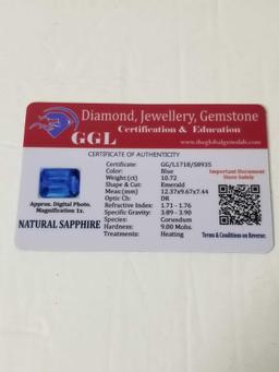 10.72 Ct Natural Blue Emerald Cut Sapphire GGL Cert