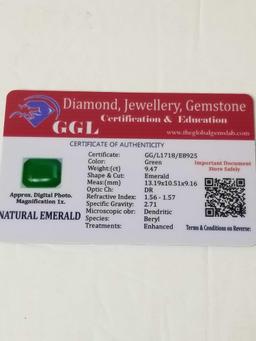 9.47 Ct Natural Green Emerald Cut Emerald GGL Cert