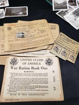 War ration books and stamps from the 40s. Photos of Long Beach Ca. And personal photos. And patch