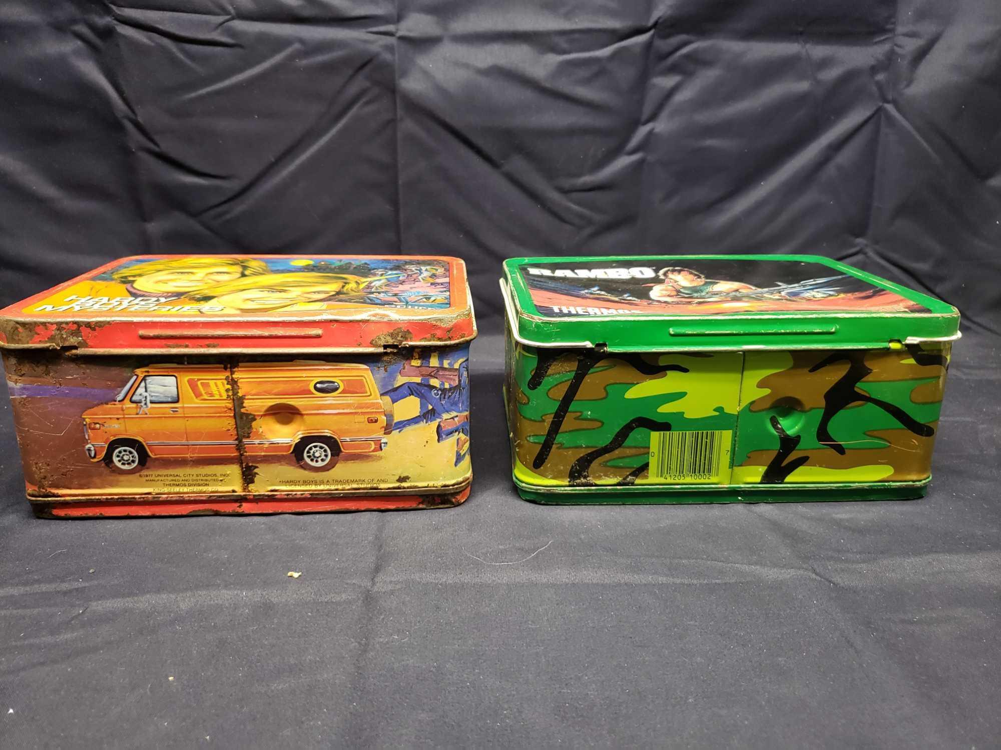 1985 Rambo Lunchbox. No Thermos. 1977 Hardy Boys Mysteries Lunchbox w Thermos.