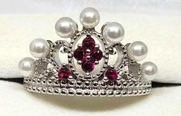 Princess Pearl Silver 925 Ring w/ Set Bright Pink Sapphire Gem Stones Size 7