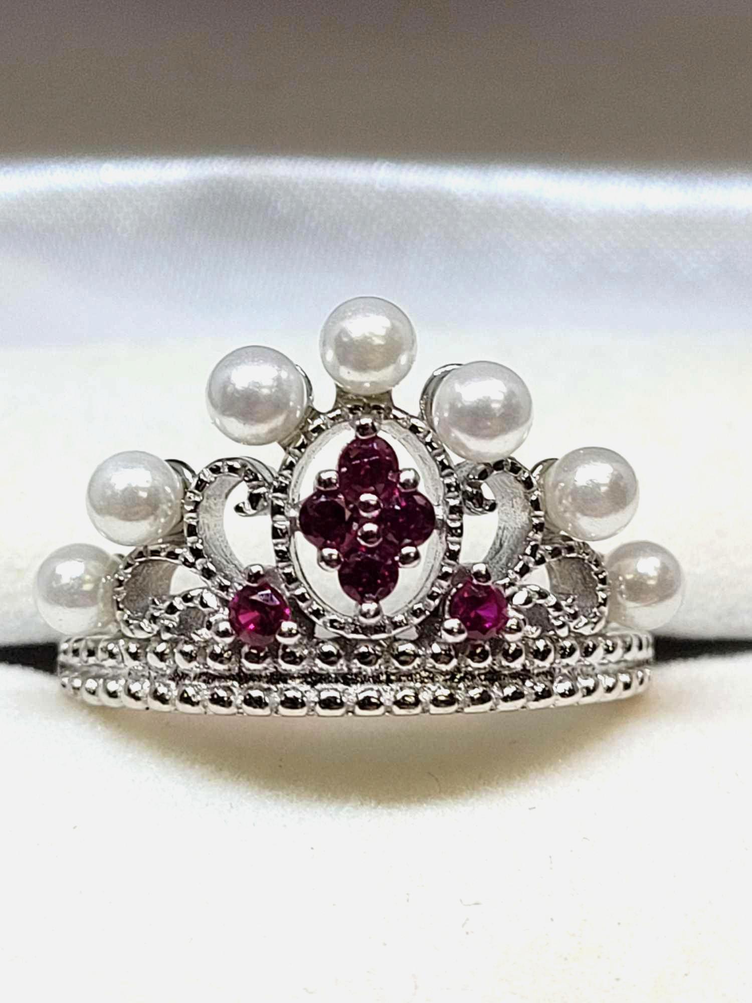 Princess Pearl Silver 925 Ring w/ Set Bright Pink Sapphire Gem Stones Size 7