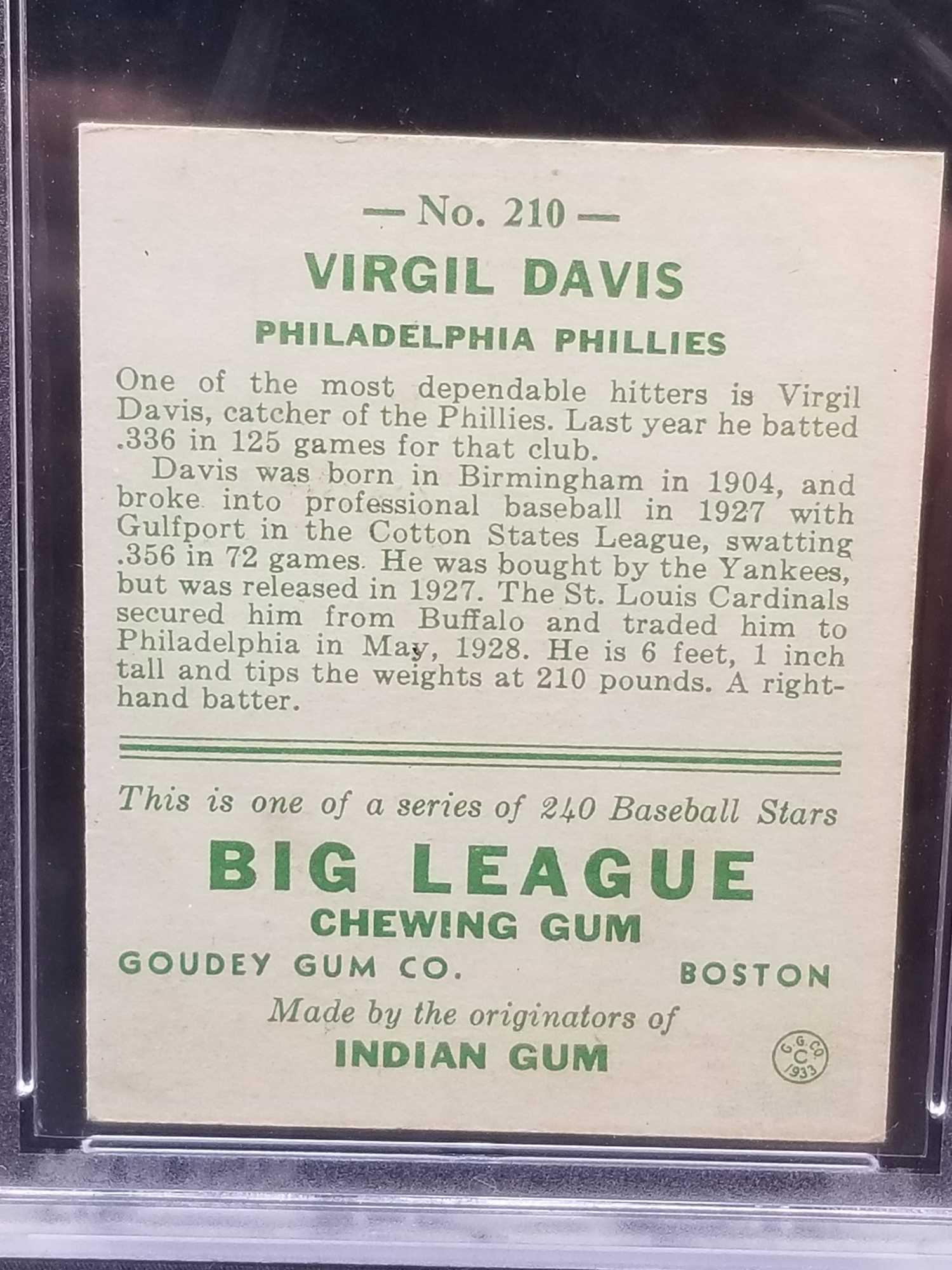 1933 Goudey Blue PSA #210 Virgil Davis NM-MT8