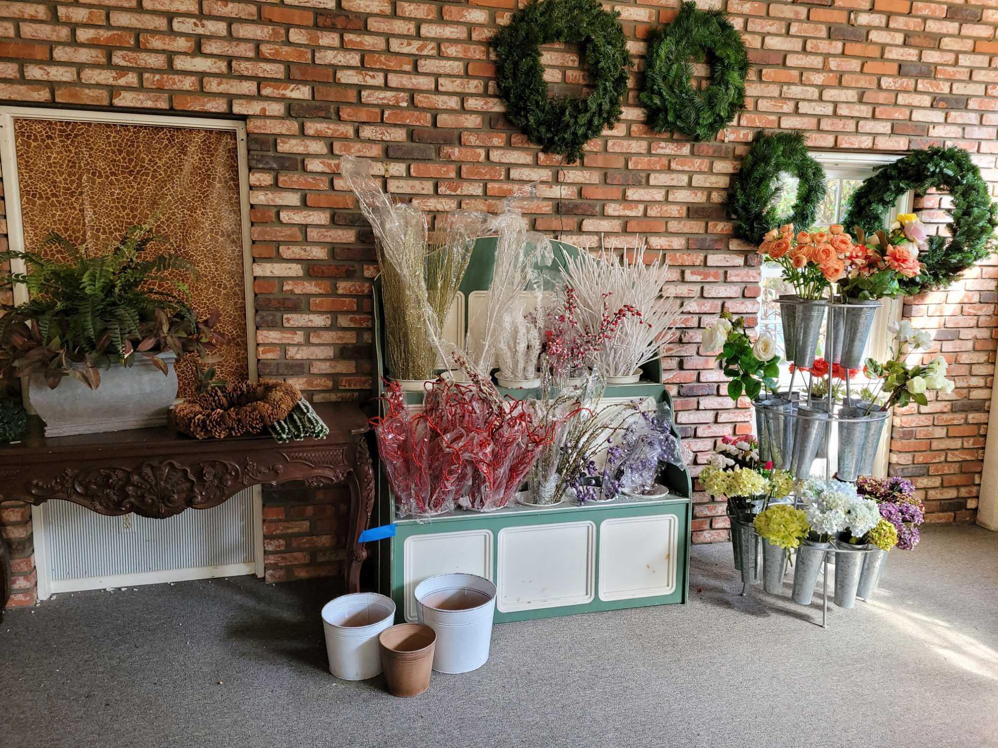 Large Entry table Display shelf with buckets. Metal Floral stand all w Contents Wreaths