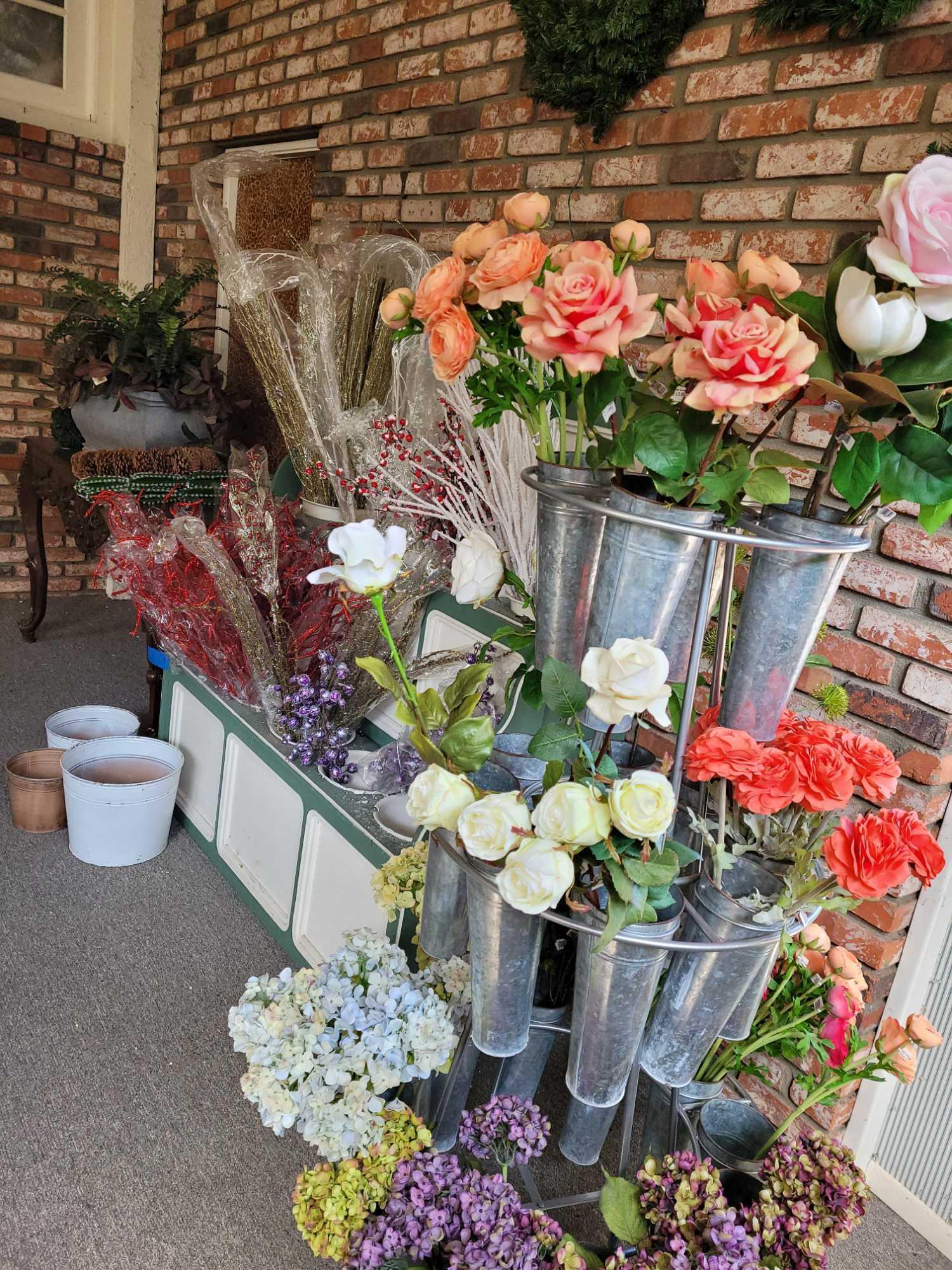 Large Entry table Display shelf with buckets. Metal Floral stand all w Contents Wreaths