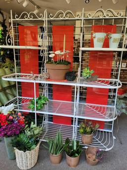 Multi tiered wrought iron display rack w plexiglass shelves. Pots and plants included
