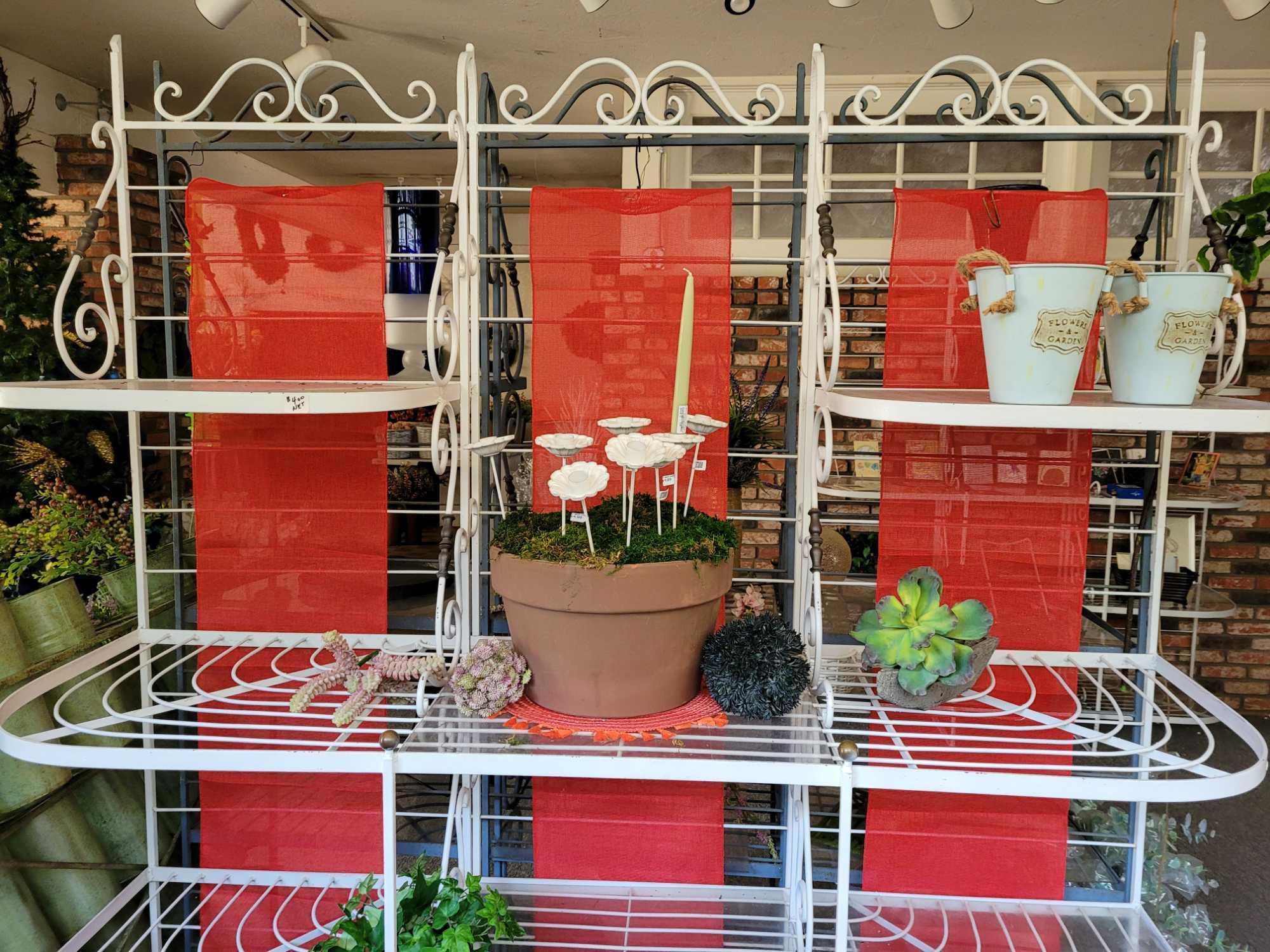 Multi tiered wrought iron display rack w plexiglass shelves. Pots and plants included