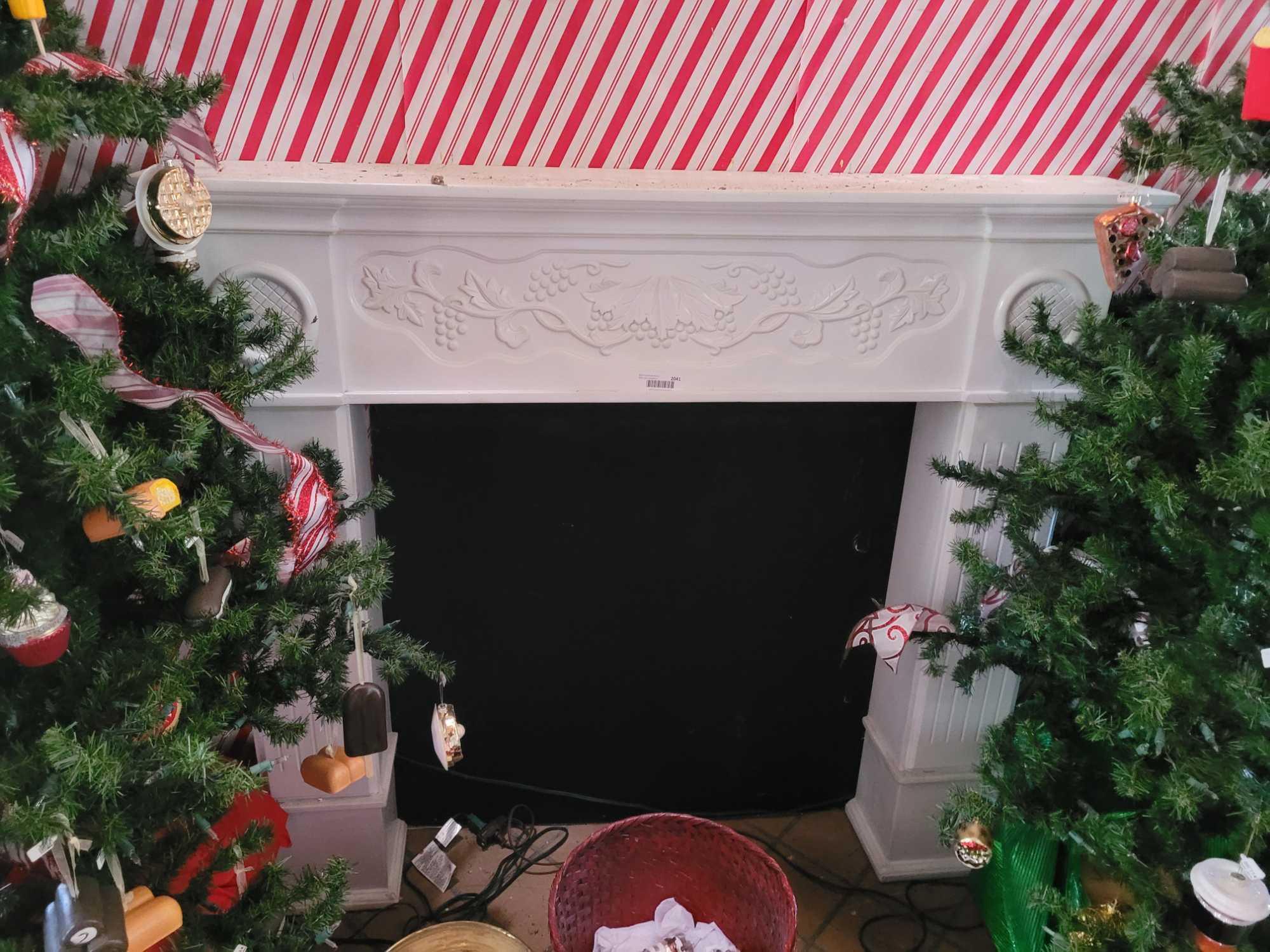 Faux Fireplace w 2 Christmas trees and Ornaments Baskets of Ornaments all included