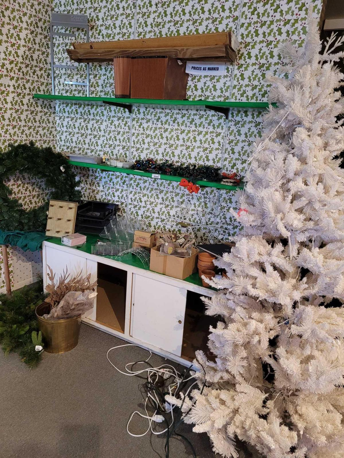 Shelving cabinet White tree Wreaths w lights. Strings of lights and single bulbs all included