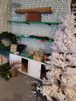 Shelving cabinet White tree Wreaths w lights. Strings of lights and single bulbs all included