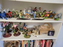 Contents on shelf including Bird and Owl figurines cherished teddies coffee mugs and more