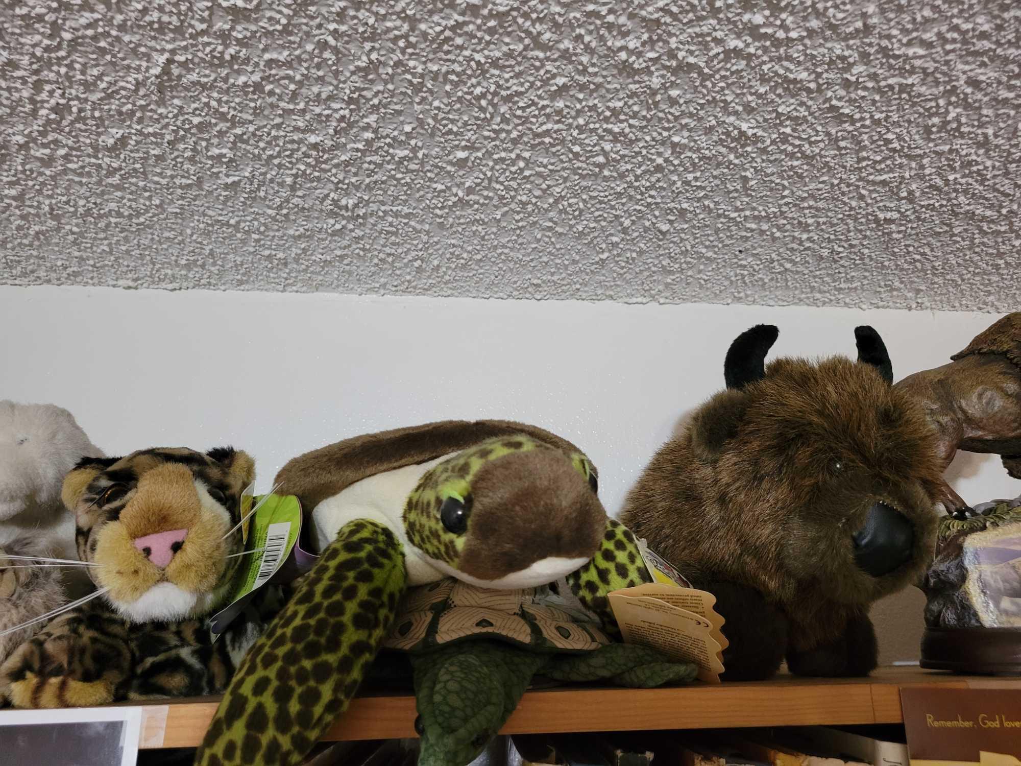 Stuffed animals. Buffalo statues Turtles pigs polar bears