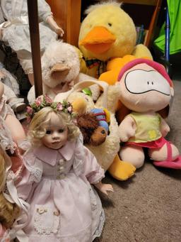 Porcelain Dolls w chairs, Stuffed ducks and dolls