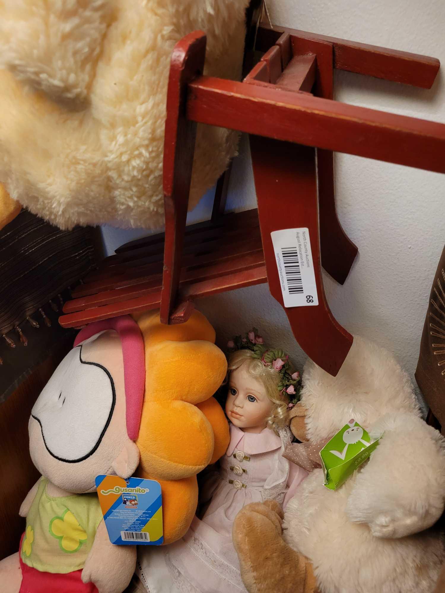 Porcelain Dolls w chairs, Stuffed ducks and dolls