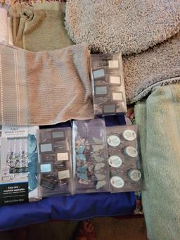 New Bathroom rugs towels Shower curtains and hooks . Sage and tan