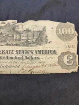 1862 $100 Confederate States of America Currency