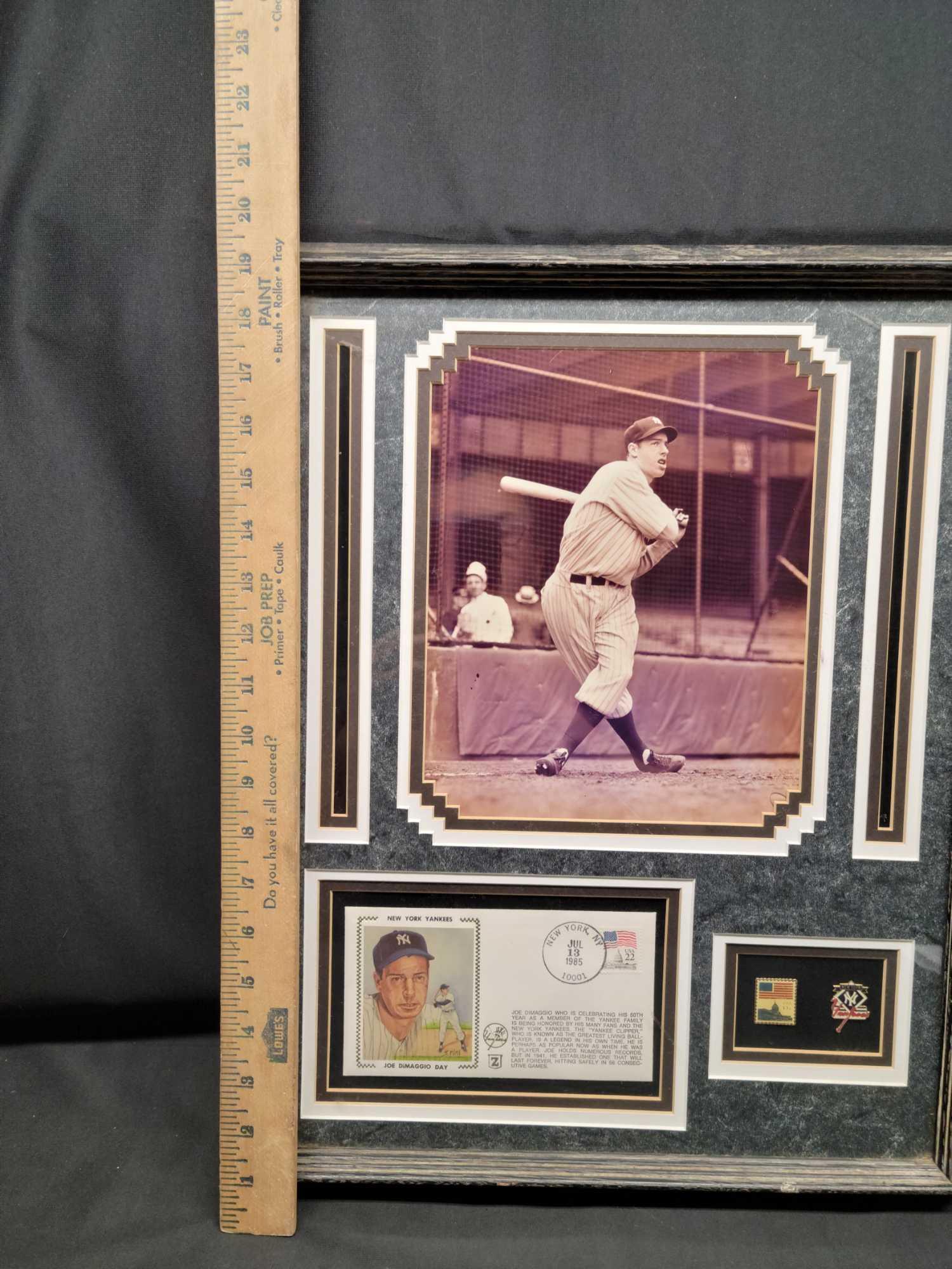 New York Yankees Joe DiMaggio Framed photo pins and stamped card