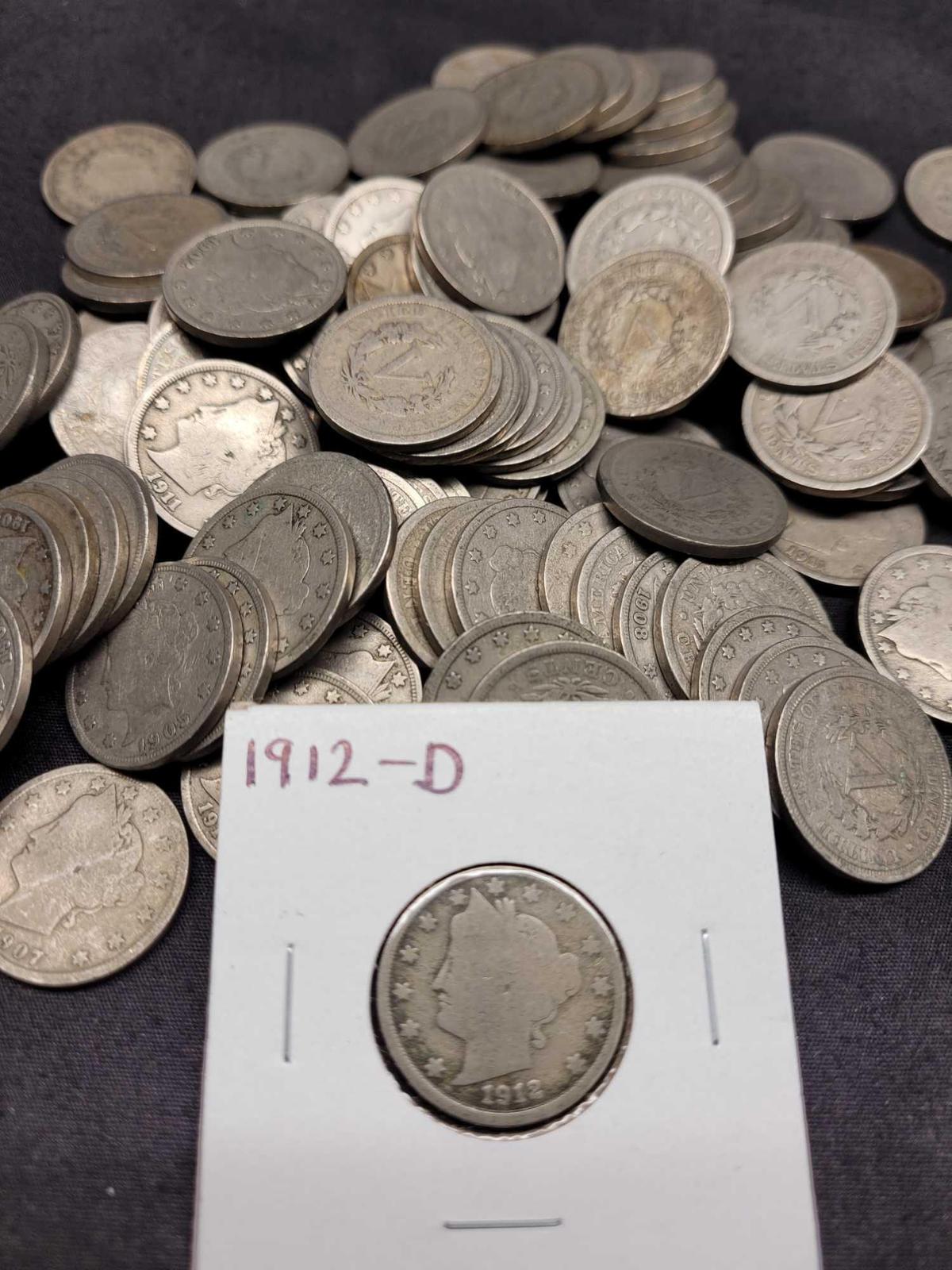 100 Mixed Date Problem-Free Liberty V Nickels from 1883-1912 Good to Fine