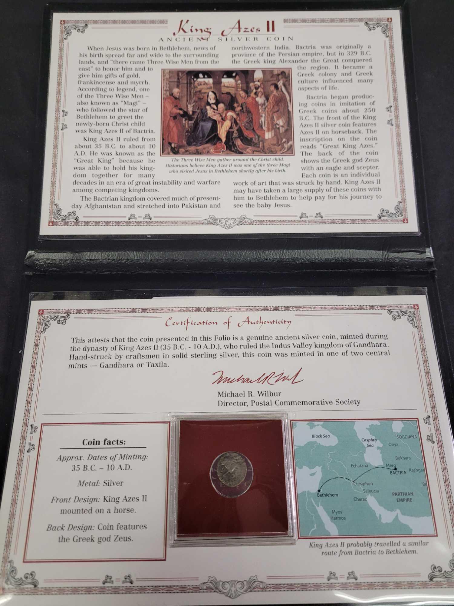 King Azes II 35 BC to 10 AD 2,000 Year-Old Ancient Silver Coin in a Commemorative Album