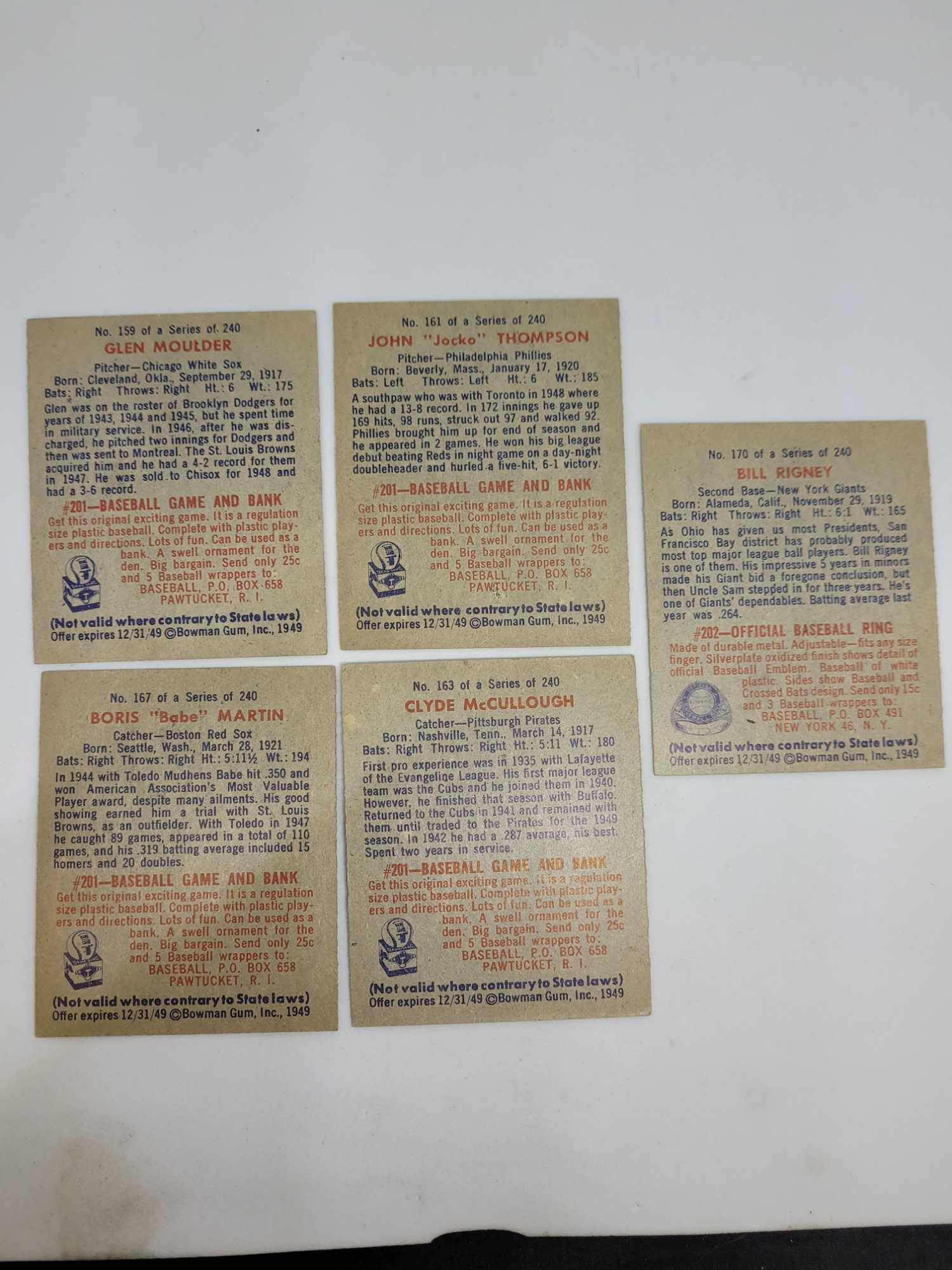 Five 1949 Bowman baseball cards