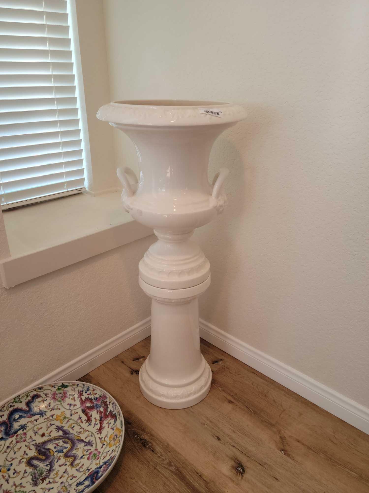 White Ceramic Urn Planter w stand