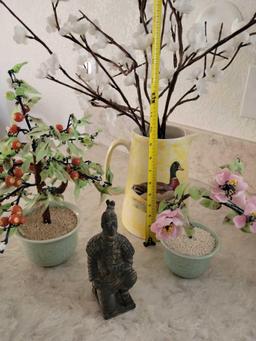 Japanese and Asian lot Flowers in pots Pitcher w flowers and Solider