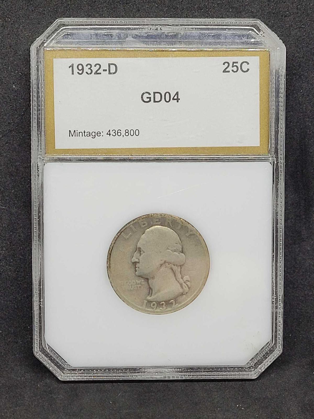 Rare Key Date 1932-D Washington Quarter Graded by PCI as Good 4 Mintage of only 436,800