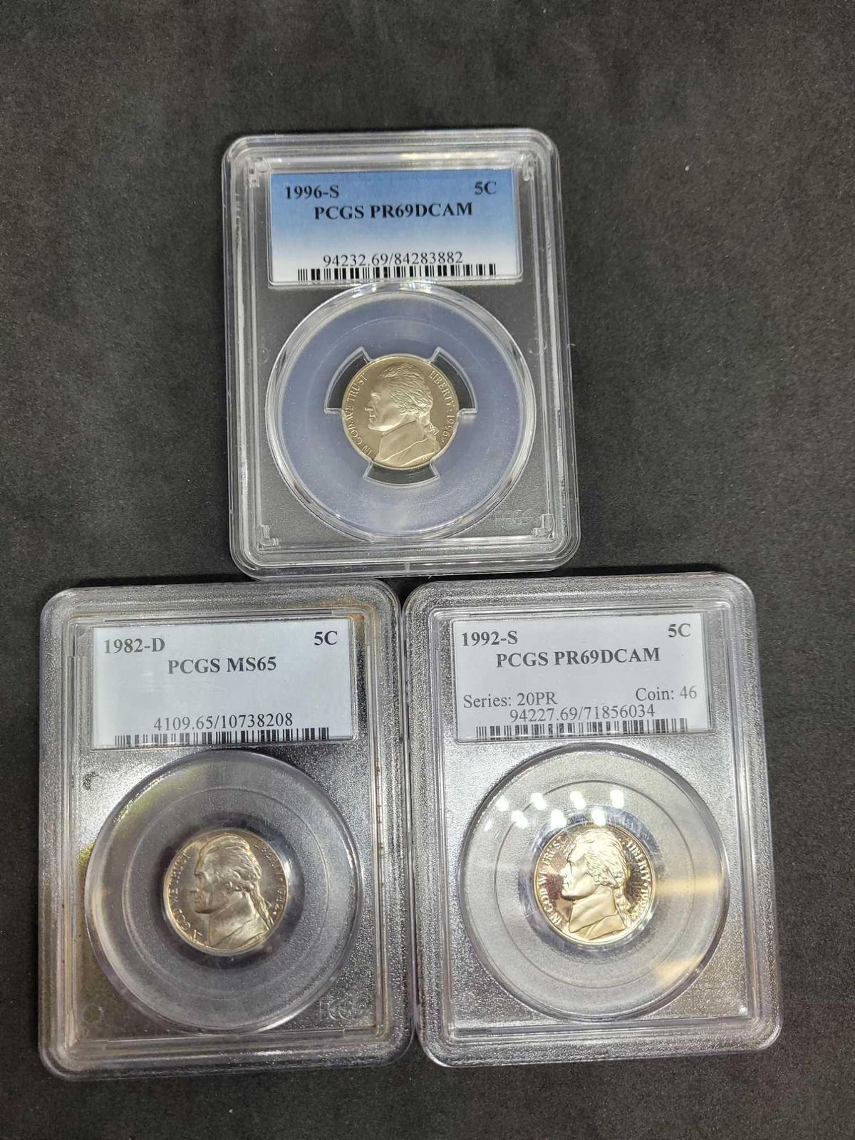 Trio of modern PCGS graded Jefferson Nickels, 1982-D MS65, 1992-S PR69DCAM, 1996-S PR69DCAM