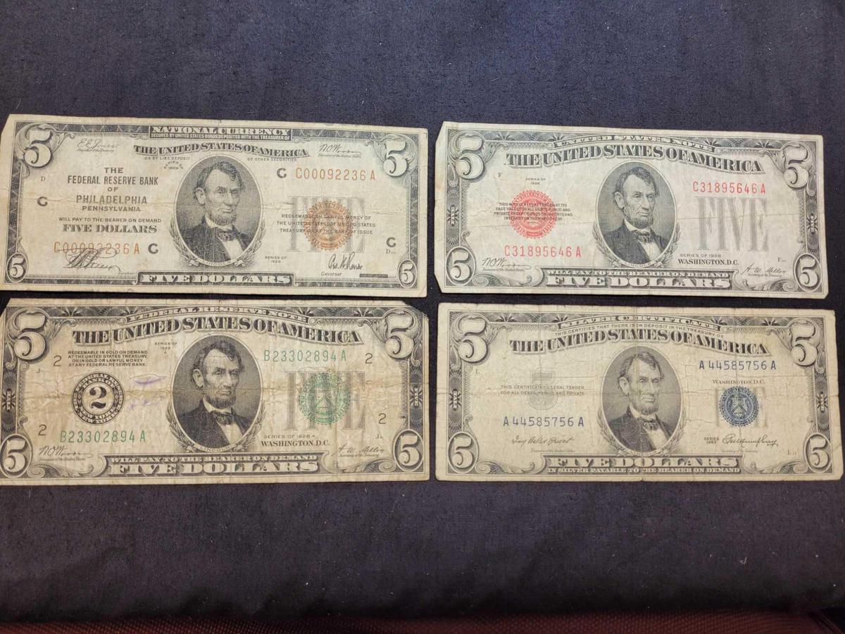 $5 Four Note Type Set: 1953 Silver, 1928 Legal Tender, FRBN and FRN Gold Clause Numerical Seal Note