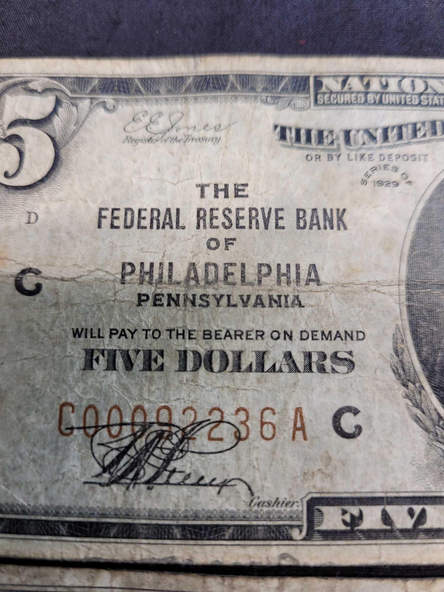 $5 Four Note Type Set: 1953 Silver, 1928 Legal Tender, FRBN and FRN Gold Clause Numerical Seal Note