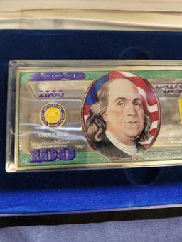 4 Troy Oz .999 Fine Silver Rare Colorized $100 Bill Ben Franklin Bar 2000 Washington Mint